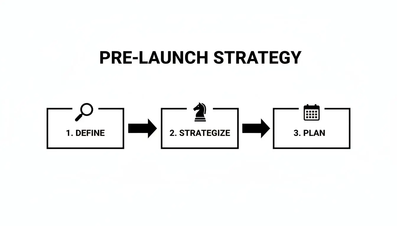 A pre-launch strategy flowchart showing three essential steps: Define, Strategize, and Plan.