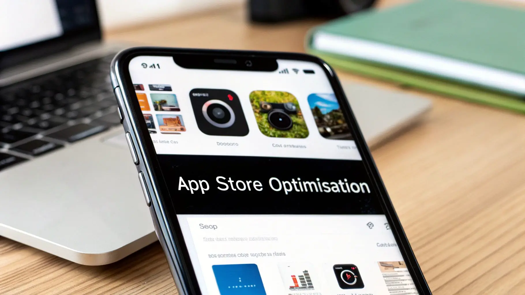 A close-up of a smartphone screen displaying 'App Store Optimisation' text and app icons, with a laptop in the background.