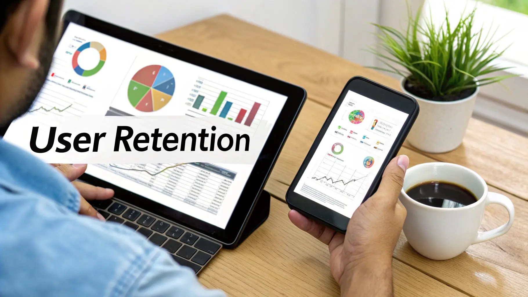 Person analyzing user retention data on a tablet and smartphone with various charts and graphs.