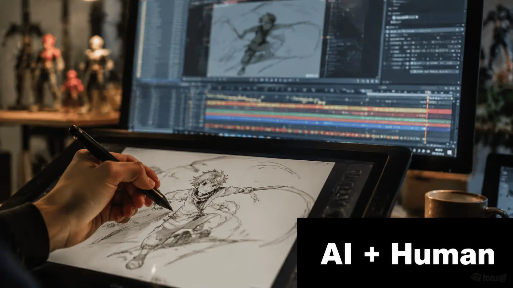 An artist drawing an anime character on a digital tablet with professional editing software in background.
