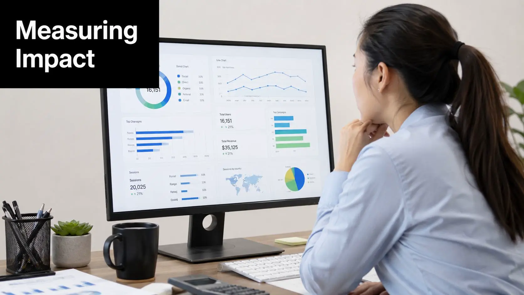 A professional woman viewing data analytics dashboards on a large computer screen in a modern office.