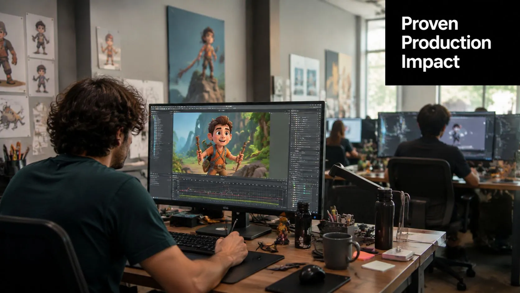 A digital artist works on an animated character design at a desk in a modern studio office.