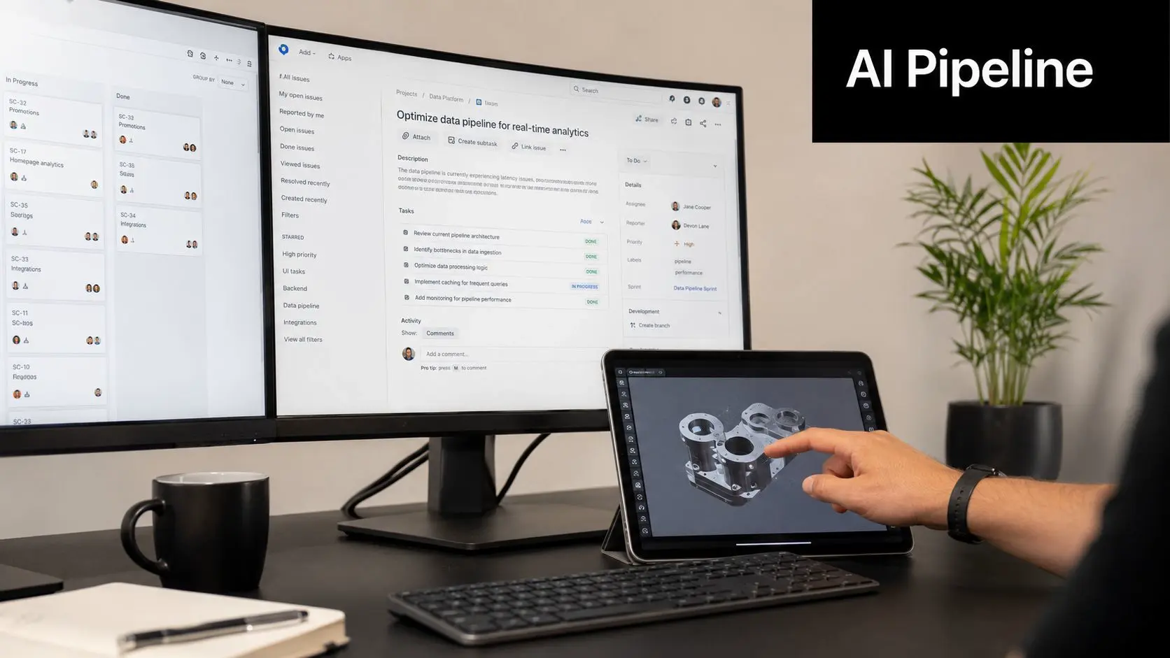 A professional desk setup featuring dual computer monitors, a tablet with 3D design, and task management software.