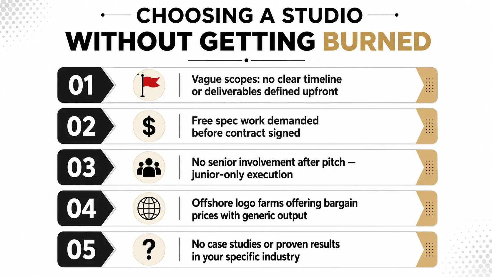 An infographic titled Choosing a Studio Without Getting Burned listing five warning signs when hiring design agencies.