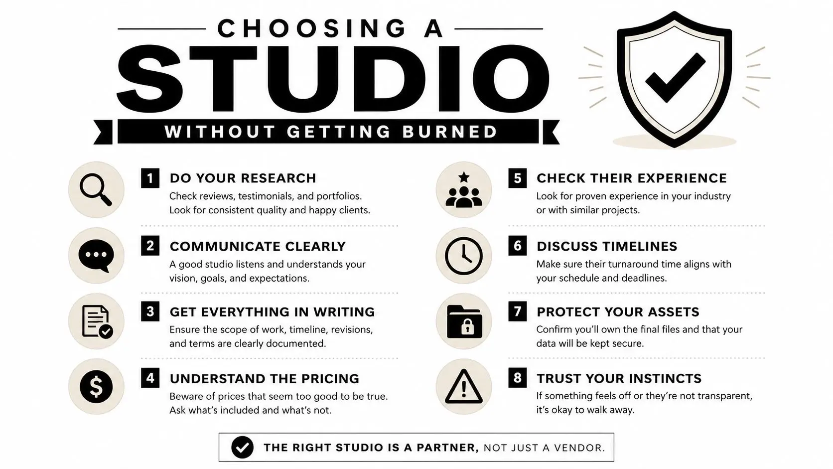 An infographic titled Choosing a Studio Without Getting Burned, listing eight essential tips for selecting a professional studio.