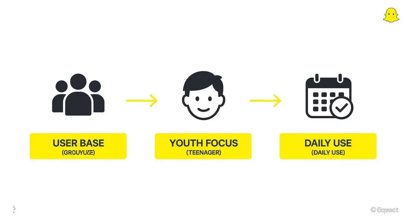 Flowchart illustrating Snapchat's strategy: growing user base, youth focus, and daily app usage.
