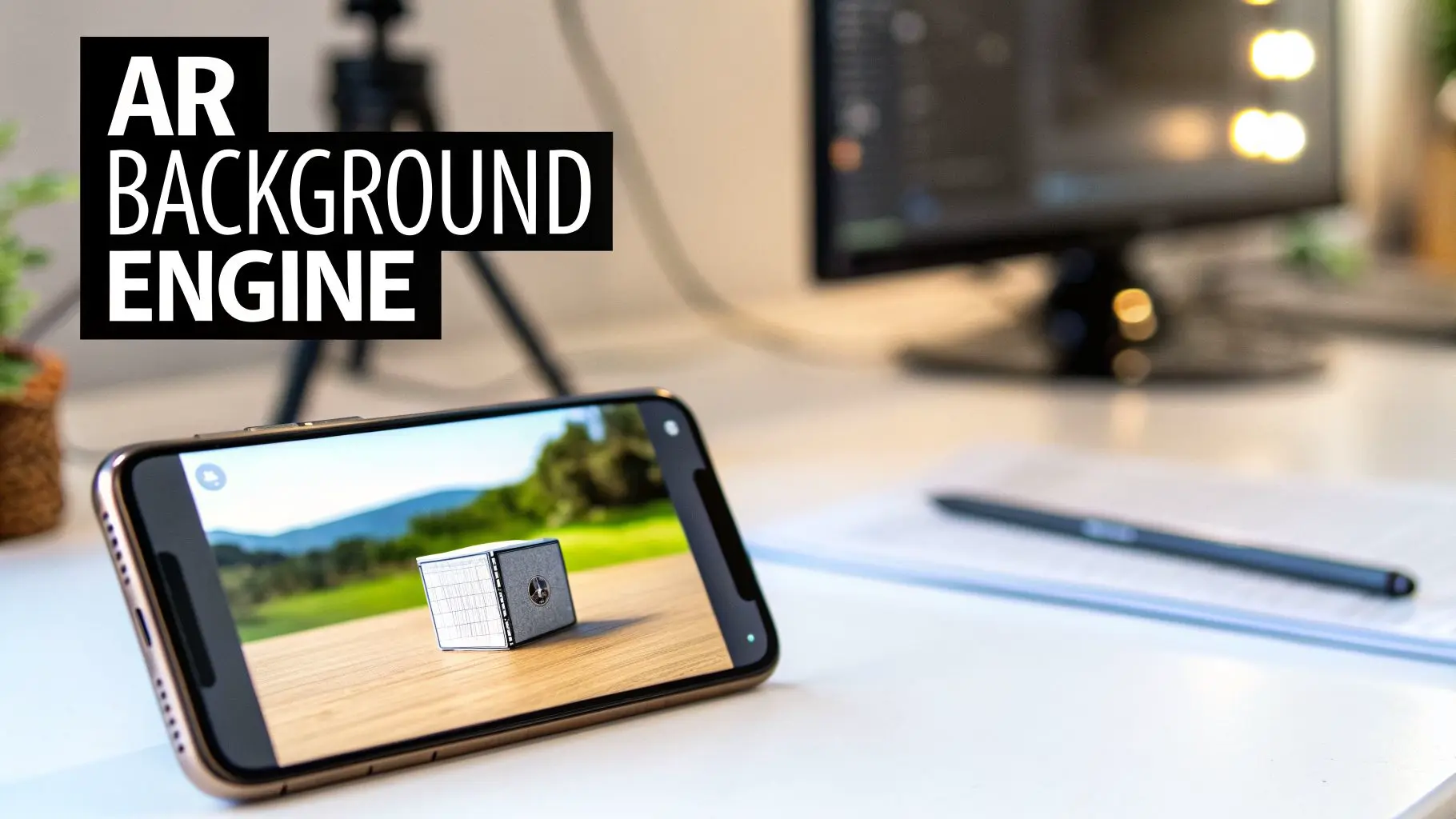 Smartphone displaying an AR background engine, showing a 3D cube with a scenic mountain view.