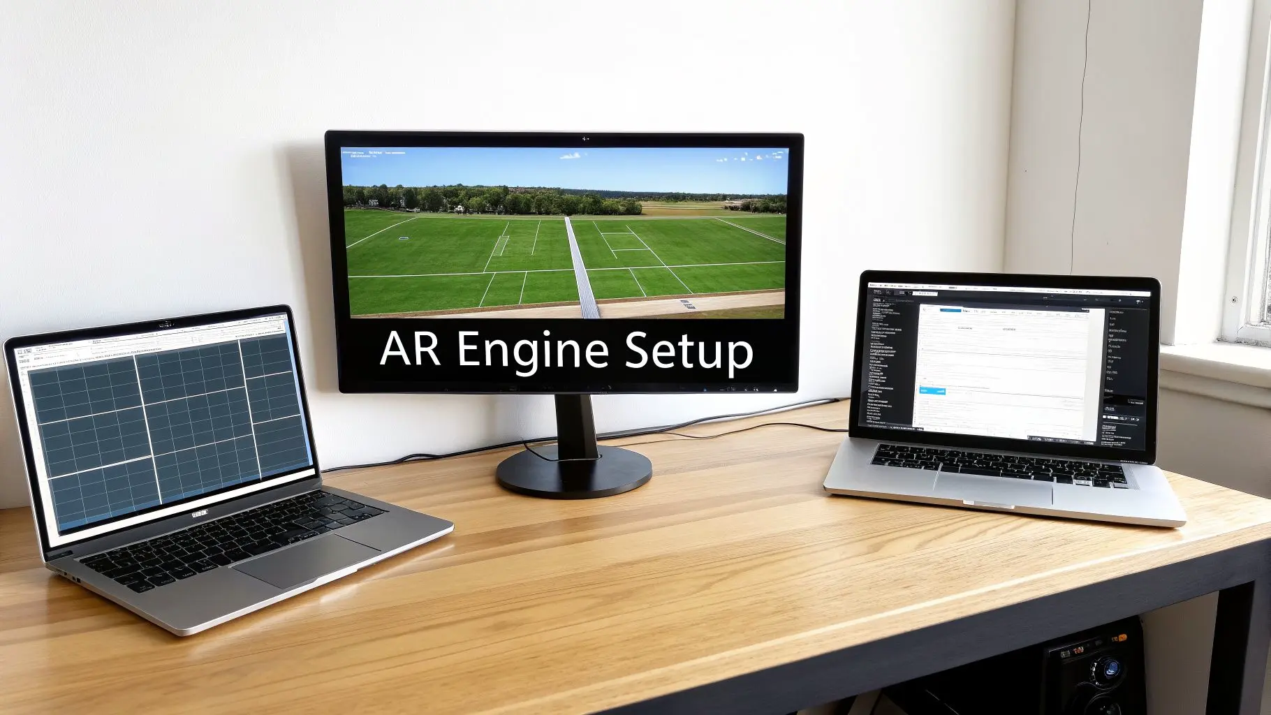 A desk setup with two laptops and a monitor showing 'AR Engine Setup' for augmented reality development.