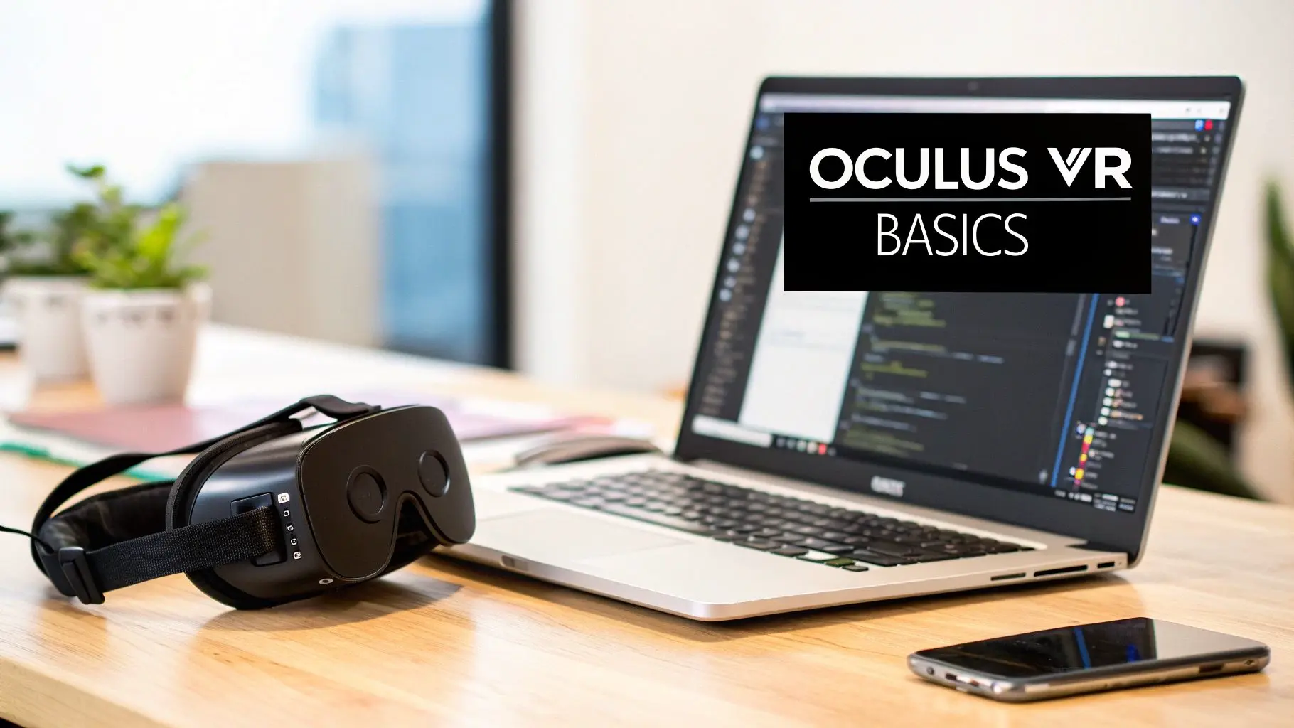 A black Oculus VR headset, laptop displaying 'Oculus VR BASICS' on screen, and smartphone on a wooden desk.
