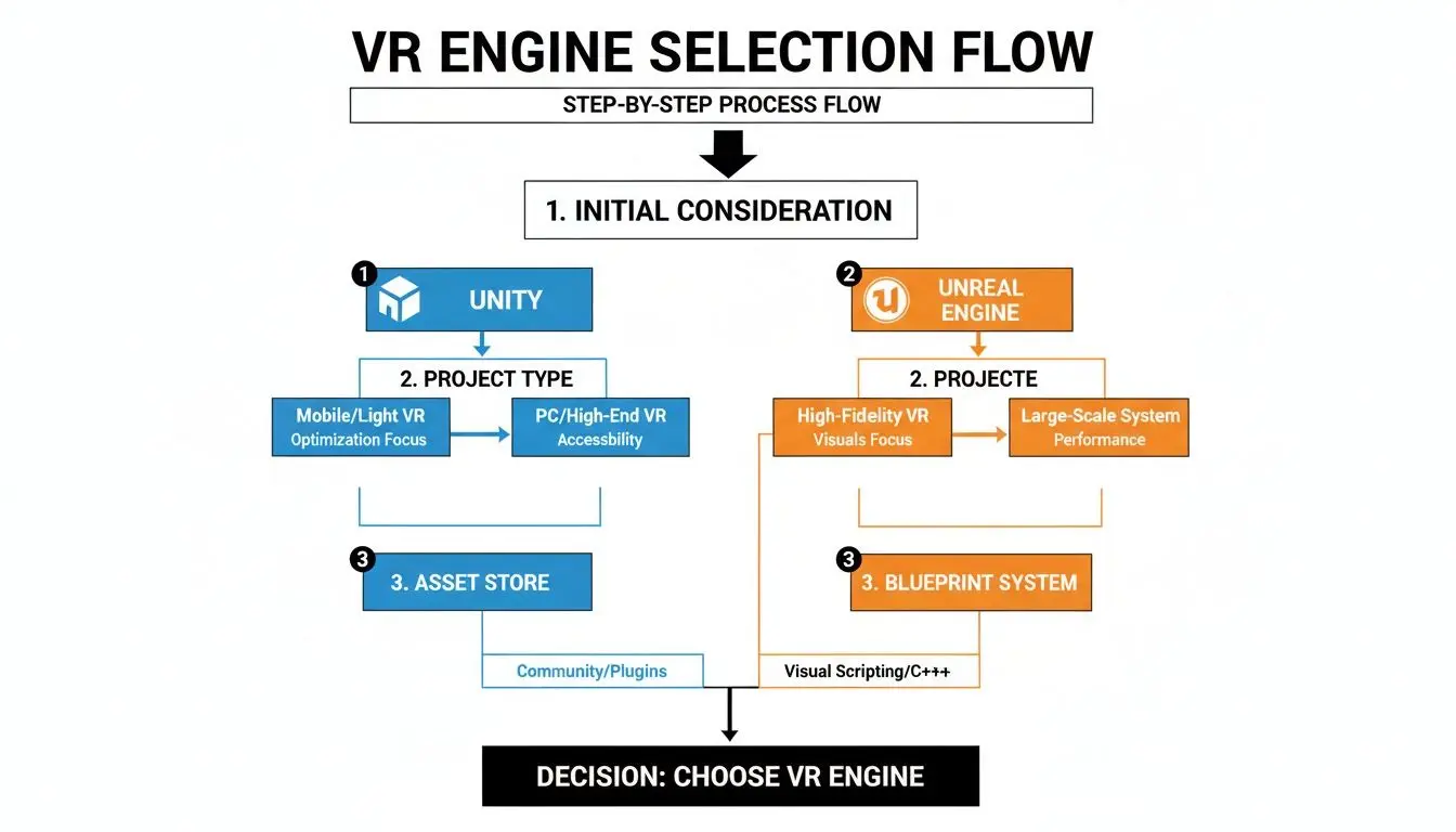 A flowchart outlining the VR engine selection process, comparing Unity and Unreal Engine based on project requirements.