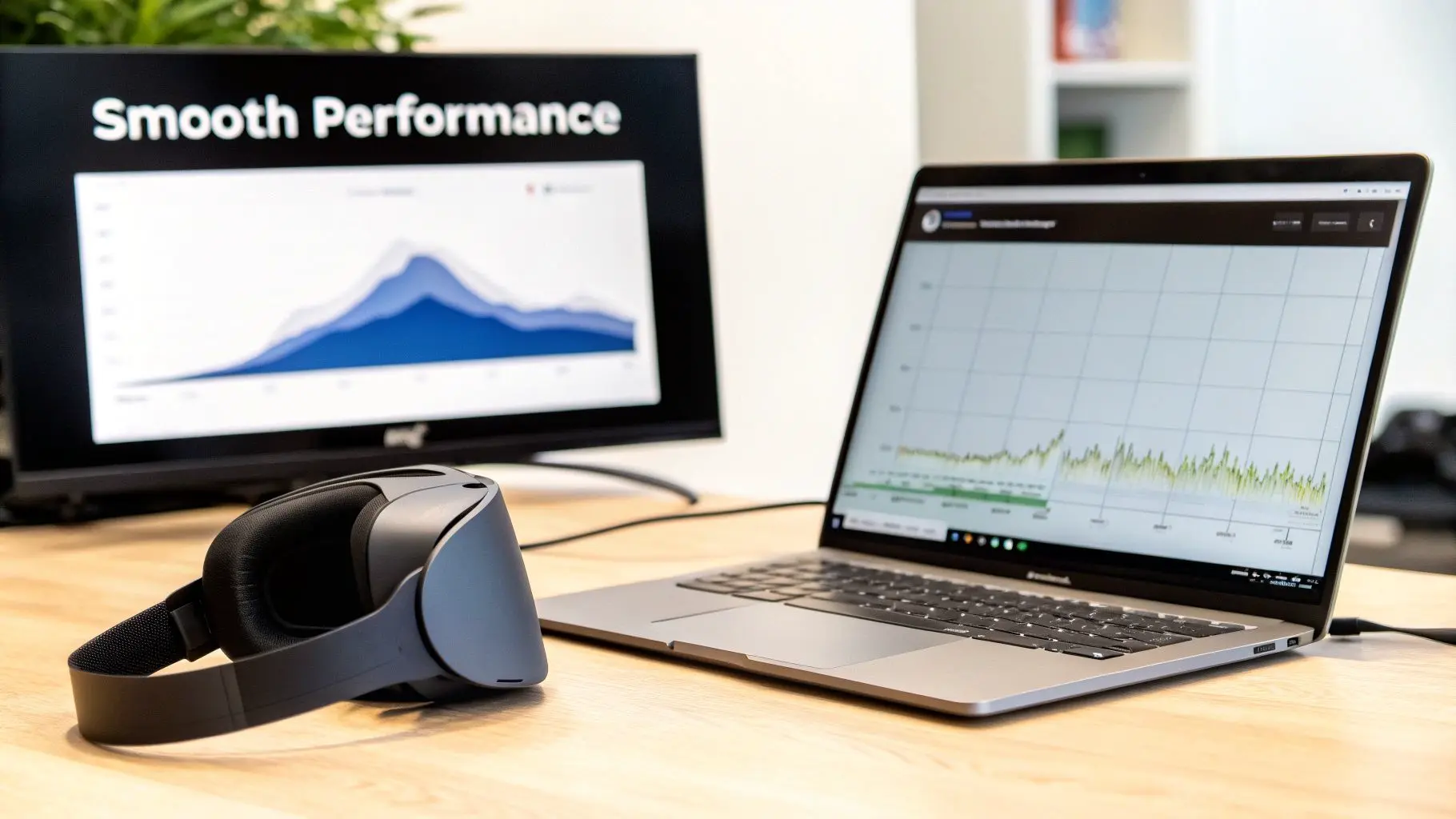 A black VR headset rests on a wooden desk next to a laptop displaying performance graphs. A monitor in the background shows 'Smooth Performance'.