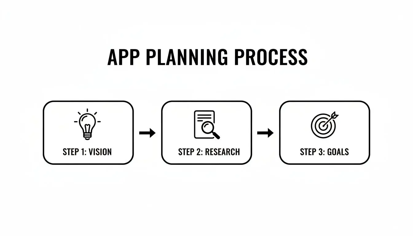 A flowchart outlining the three steps of the app planning process: Vision, Research, and Goals.