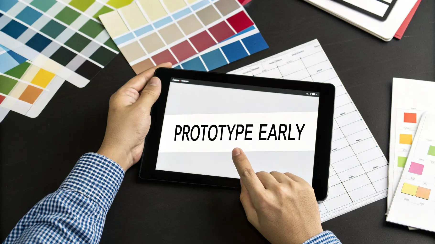 A person's hands hold a tablet displaying PROTOTYPE EARLY amidst design color swatches and planning documents.