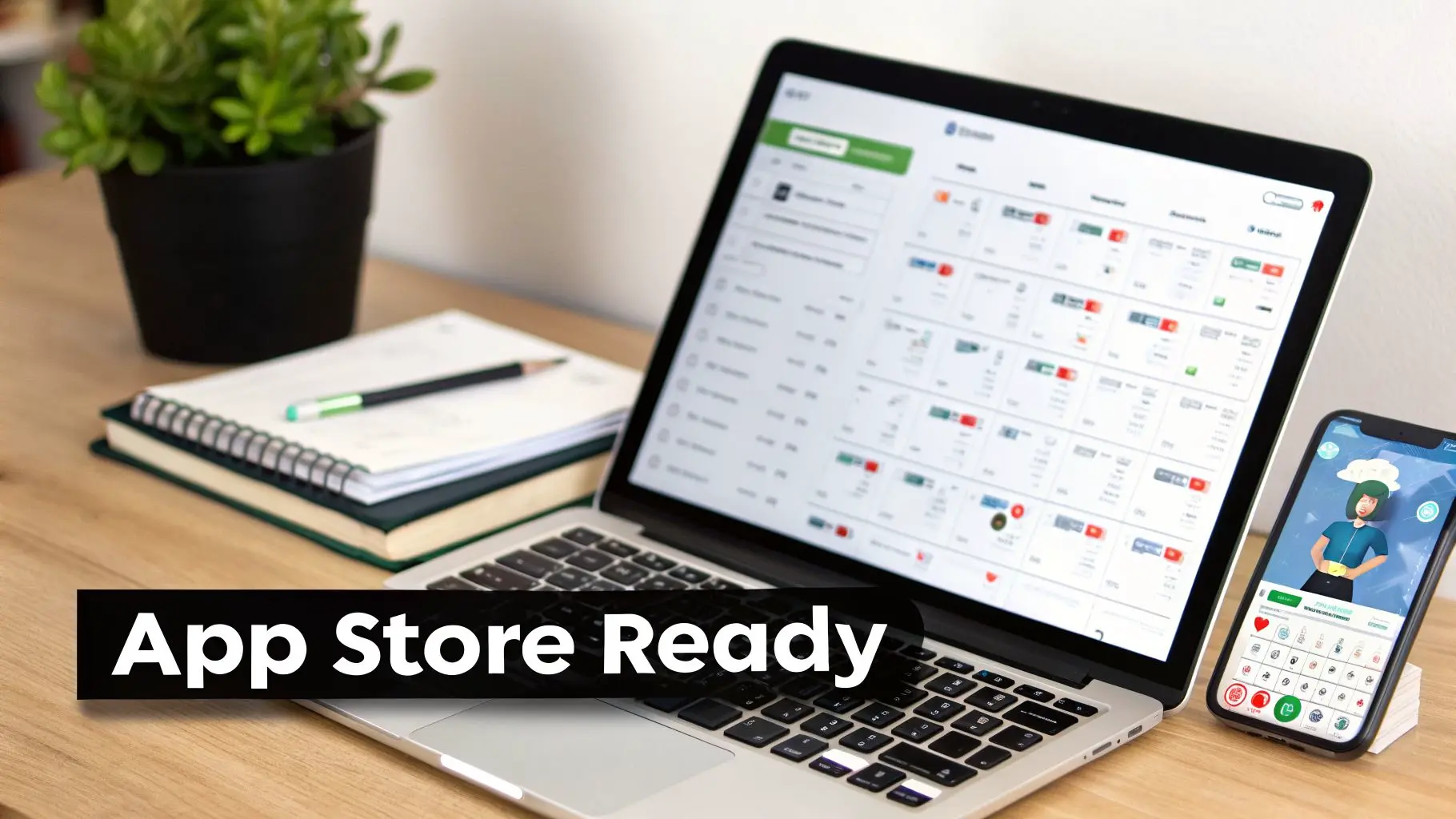 A desk setup with a laptop showing a dashboard and a smartphone displaying a mobile app. Text: App Store Ready.