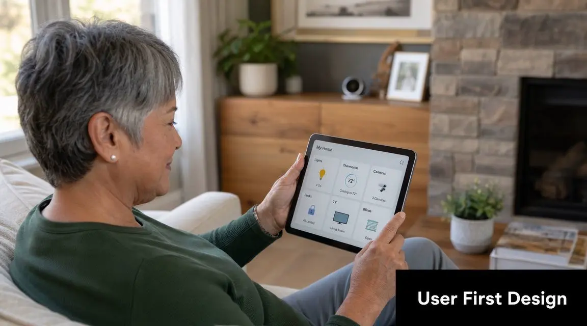 An elderly woman sitting in a living room, adjusting smart home controls on a tablet.