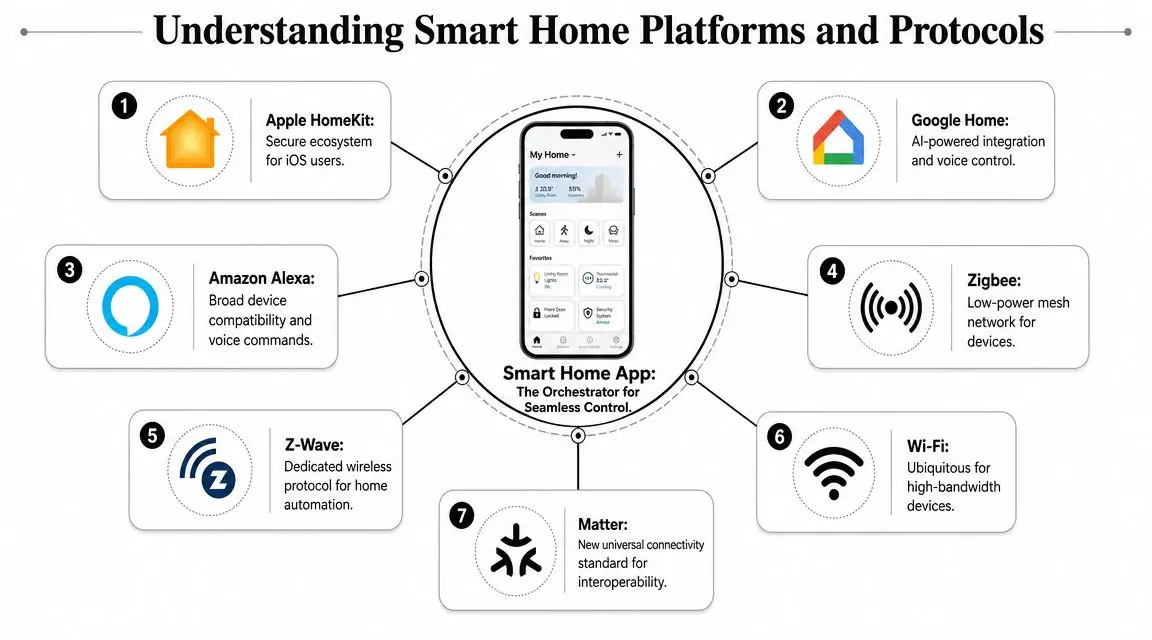 A diagram illustrating major smart home platforms like Apple HomeKit and Google Home alongside connectivity protocols like Zigbee and Matter.