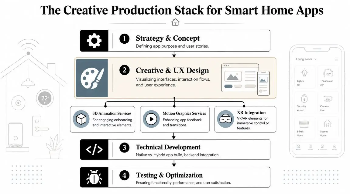 An infographic showing the four-stage production stack for developing smart home applications, from concept to testing.