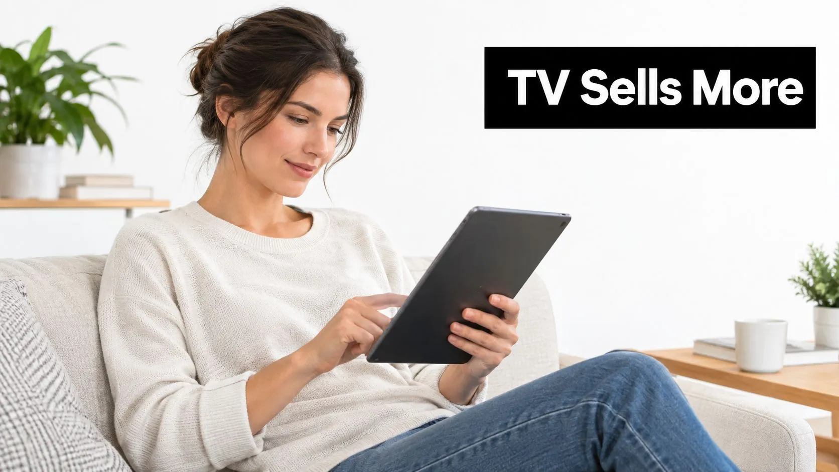 A young woman sits on a cozy sofa, focused on using her tablet, with advertising text nearby.