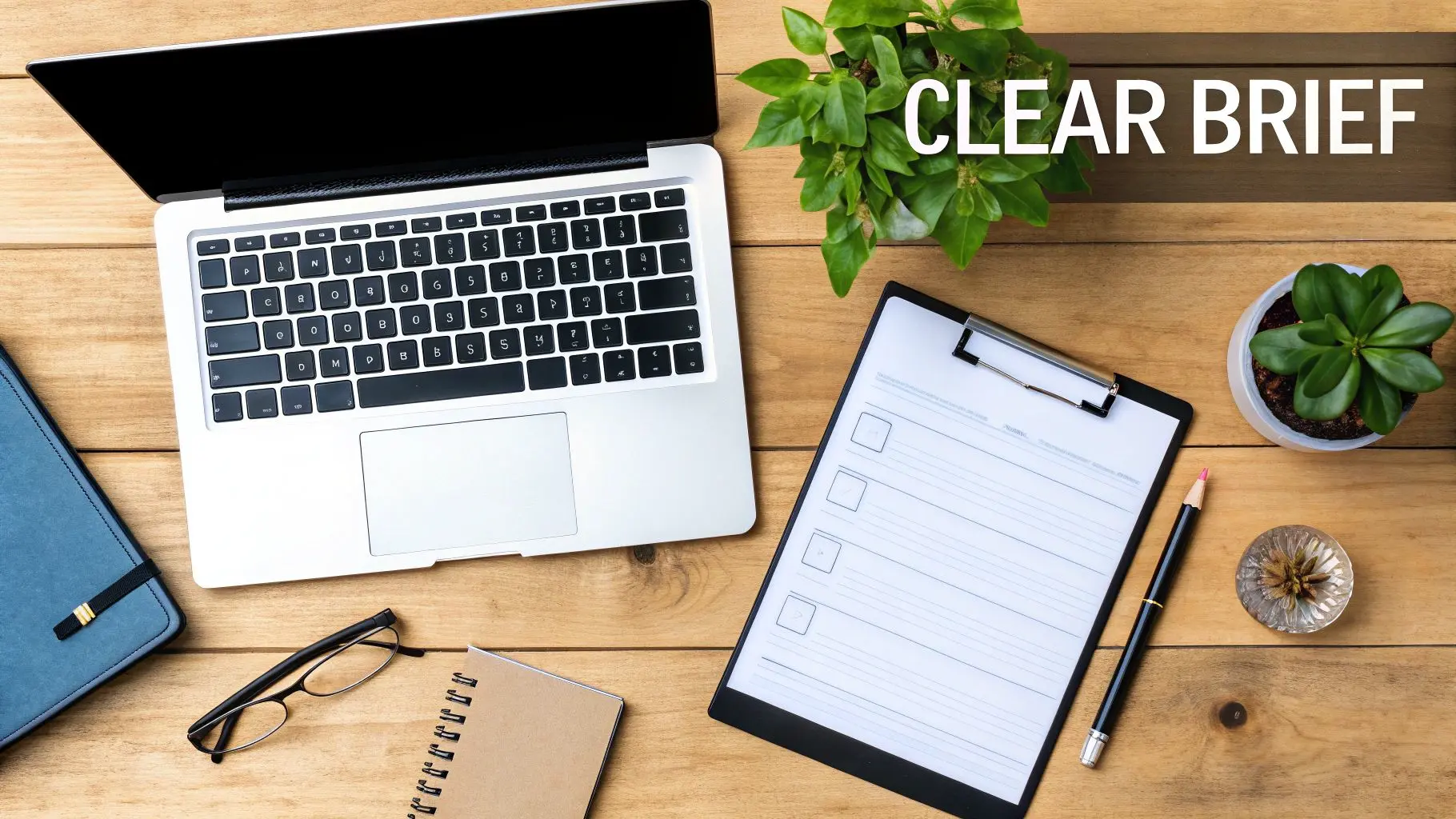 A team of creatives reviewing a detailed project brief on a large monitor in a modern studio.