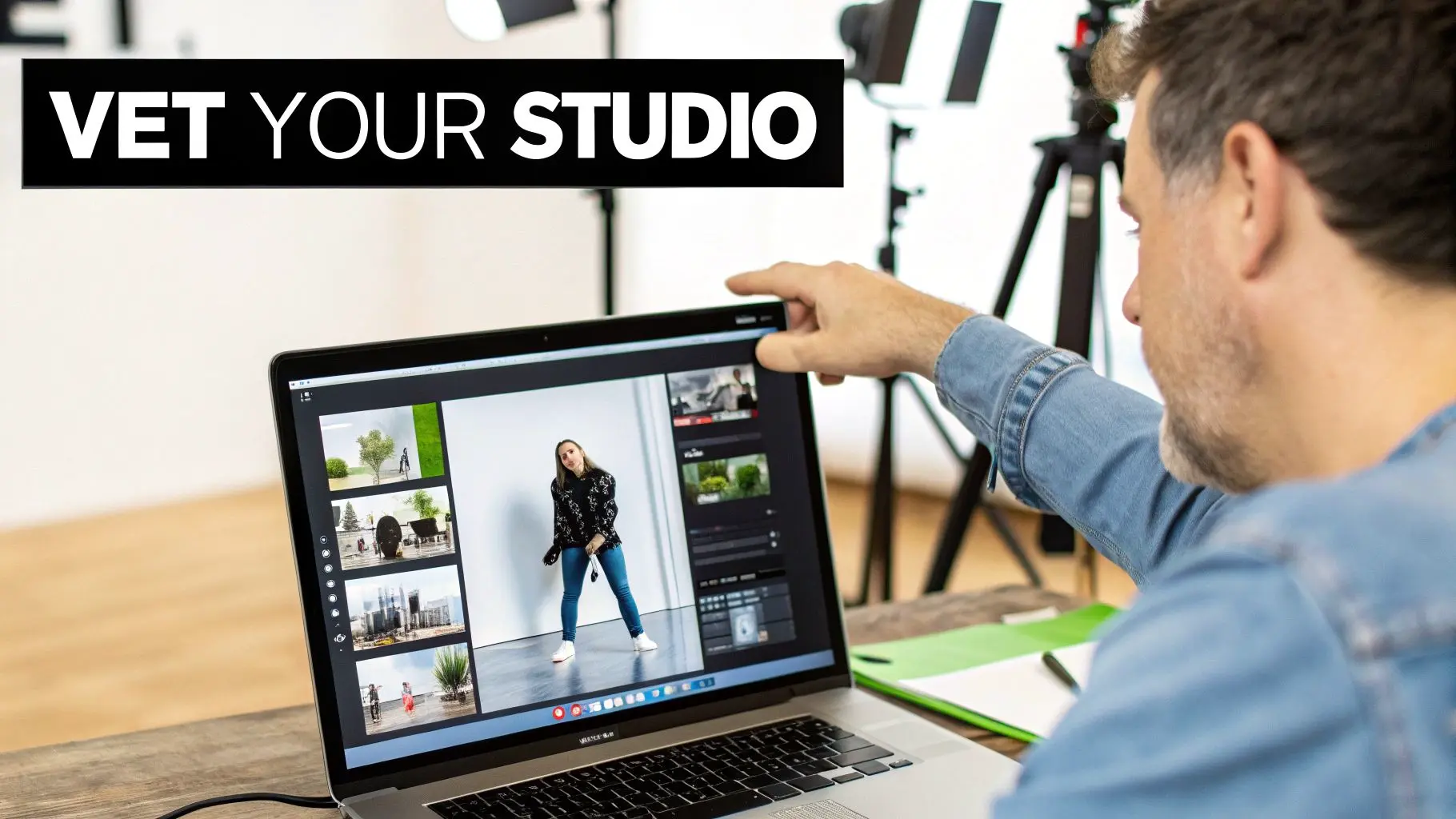 A person carefully reviewing a video production company's portfolio on a tablet.