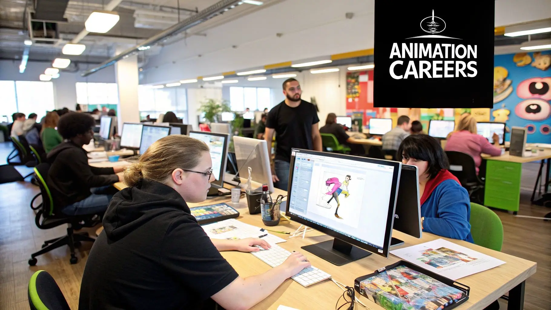 A modern office space with animators working on computers