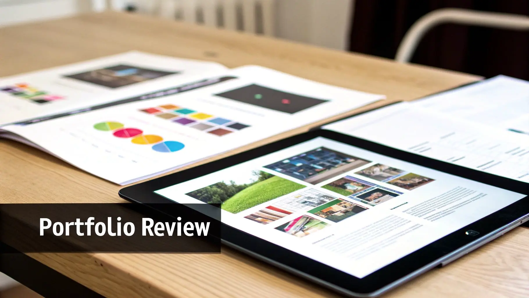 A designer carefully reviewing an animation storyboard on a large screen.