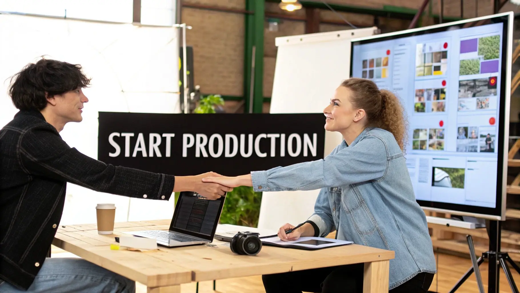 A group of creatives enthusiastically brainstorming ideas on a whiteboard.