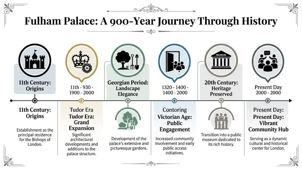 An infographic timeline showcasing the 900-year historical journey and evolution of Fulham Palace in London.