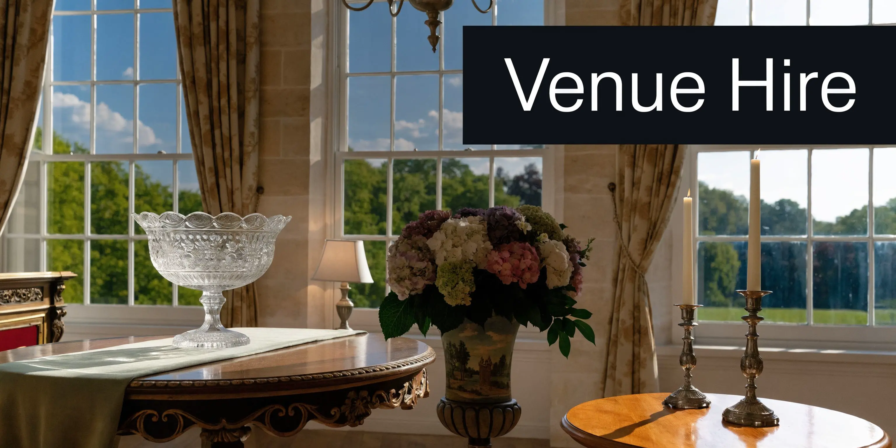 A scenic view of a bright room with a glass bowl, flower arrangement, and elegant table settings.