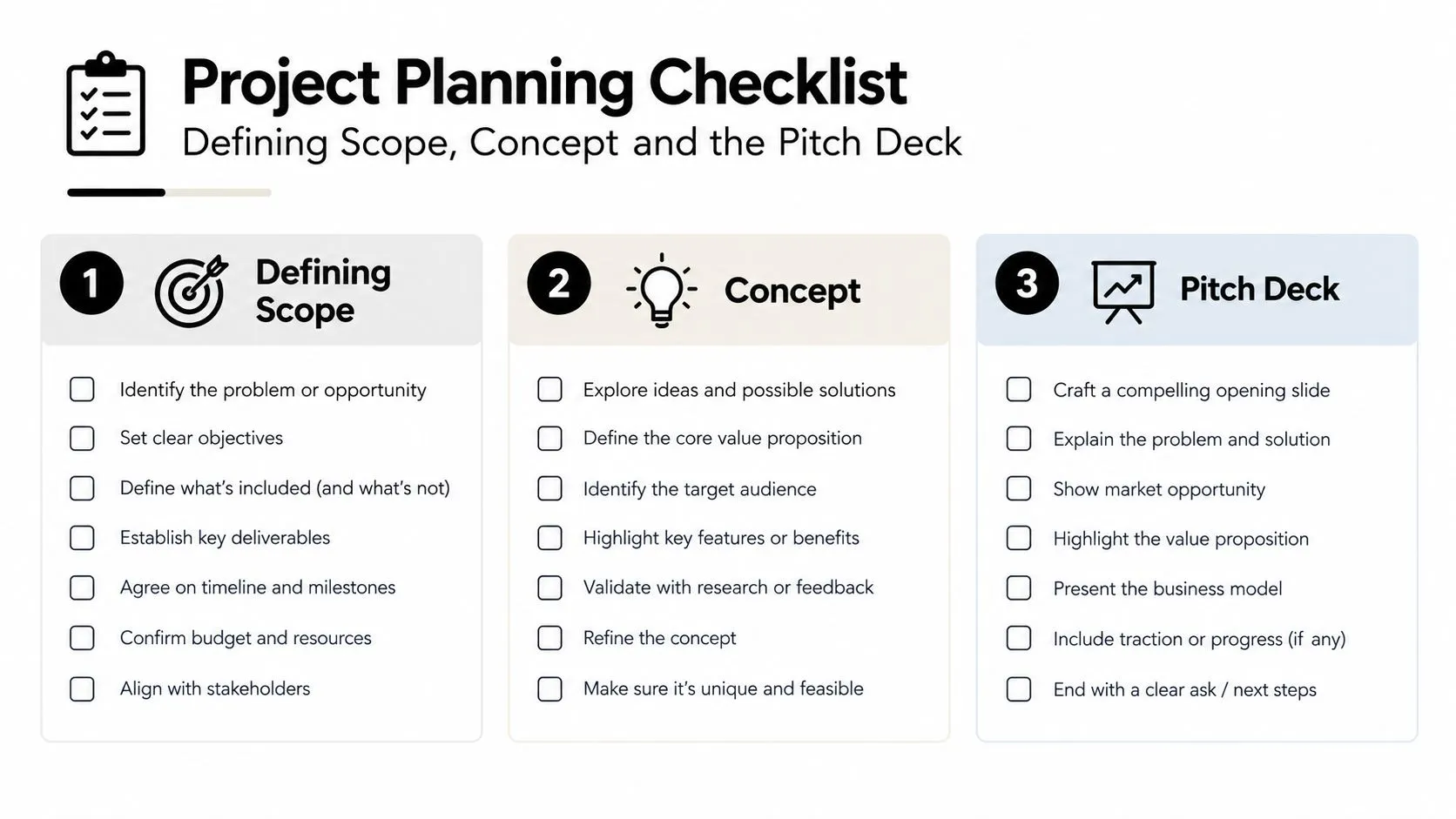 A structured project planning checklist for defining scope, developing a concept, and creating a pitch deck.
