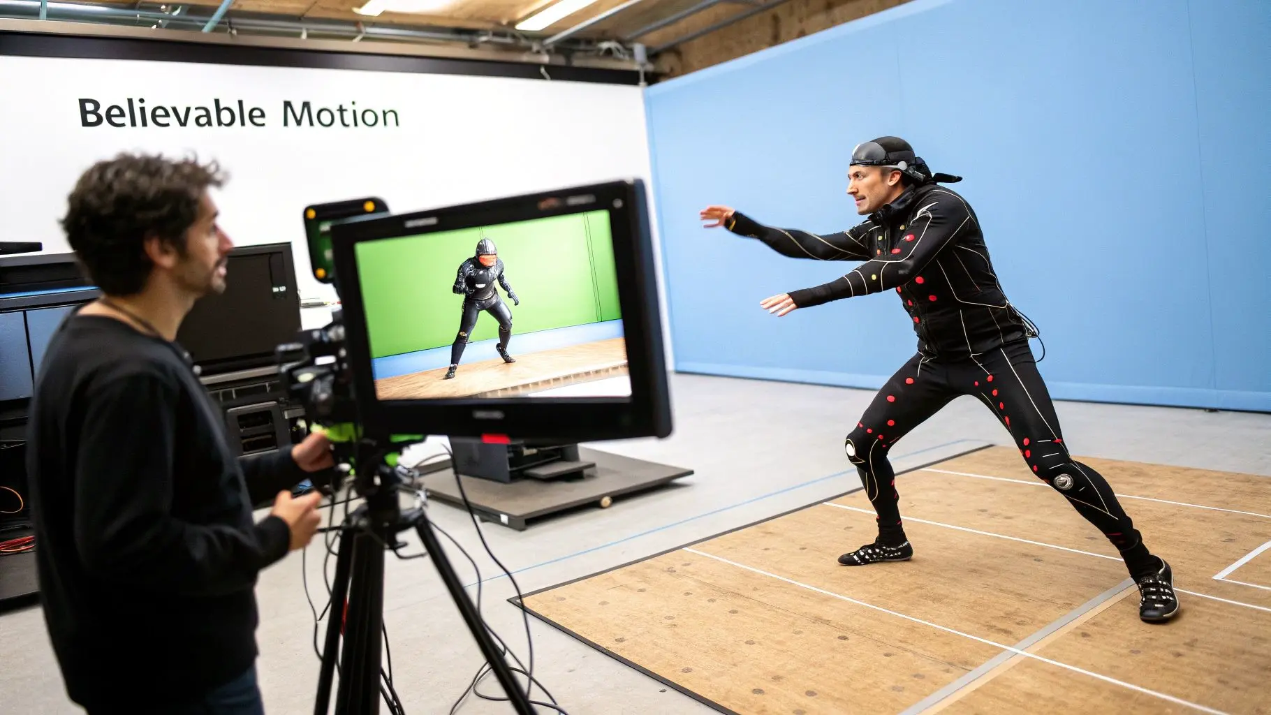 A man in a motion capture suit poses while a technician monitors his movements on a screen displaying a digital avatar.