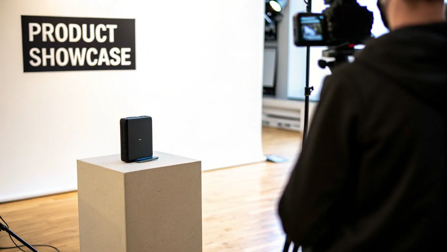 A black electronic device displayed on a beige pedestal at a product showcase event, being filmed.