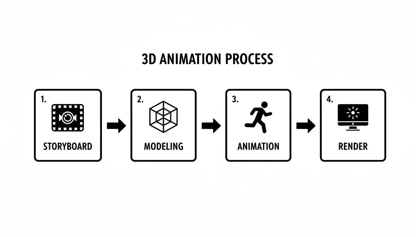 Flowchart outlining the four-step 3D animation process: Storyboard, Modeling, Animation, and Render.