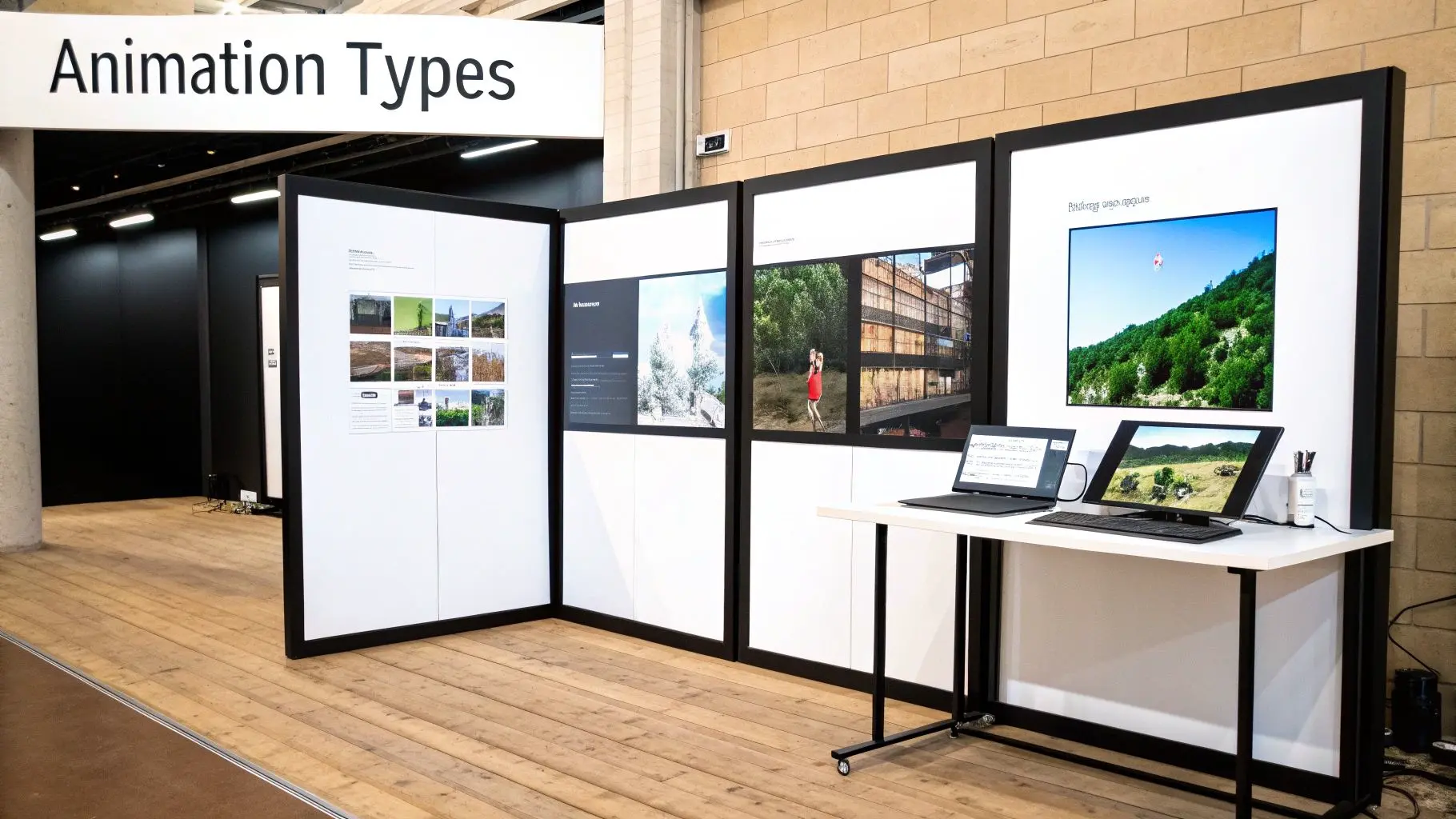 Exhibition booth displaying 'Animation Types' sign, informational panels, and interactive digital screens.