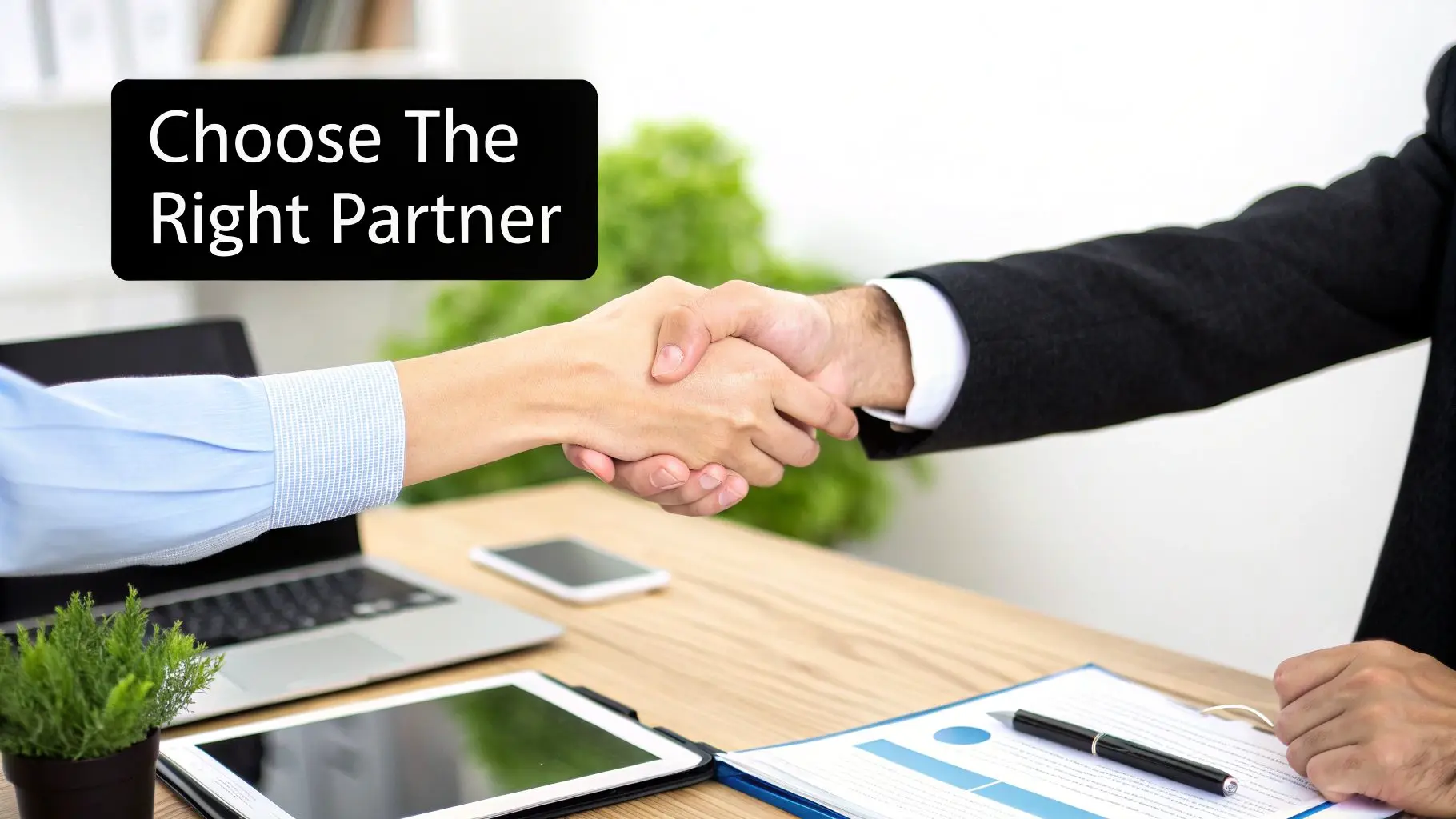 A client and a project manager shaking hands across a table, with laptops and app wireframes visible.