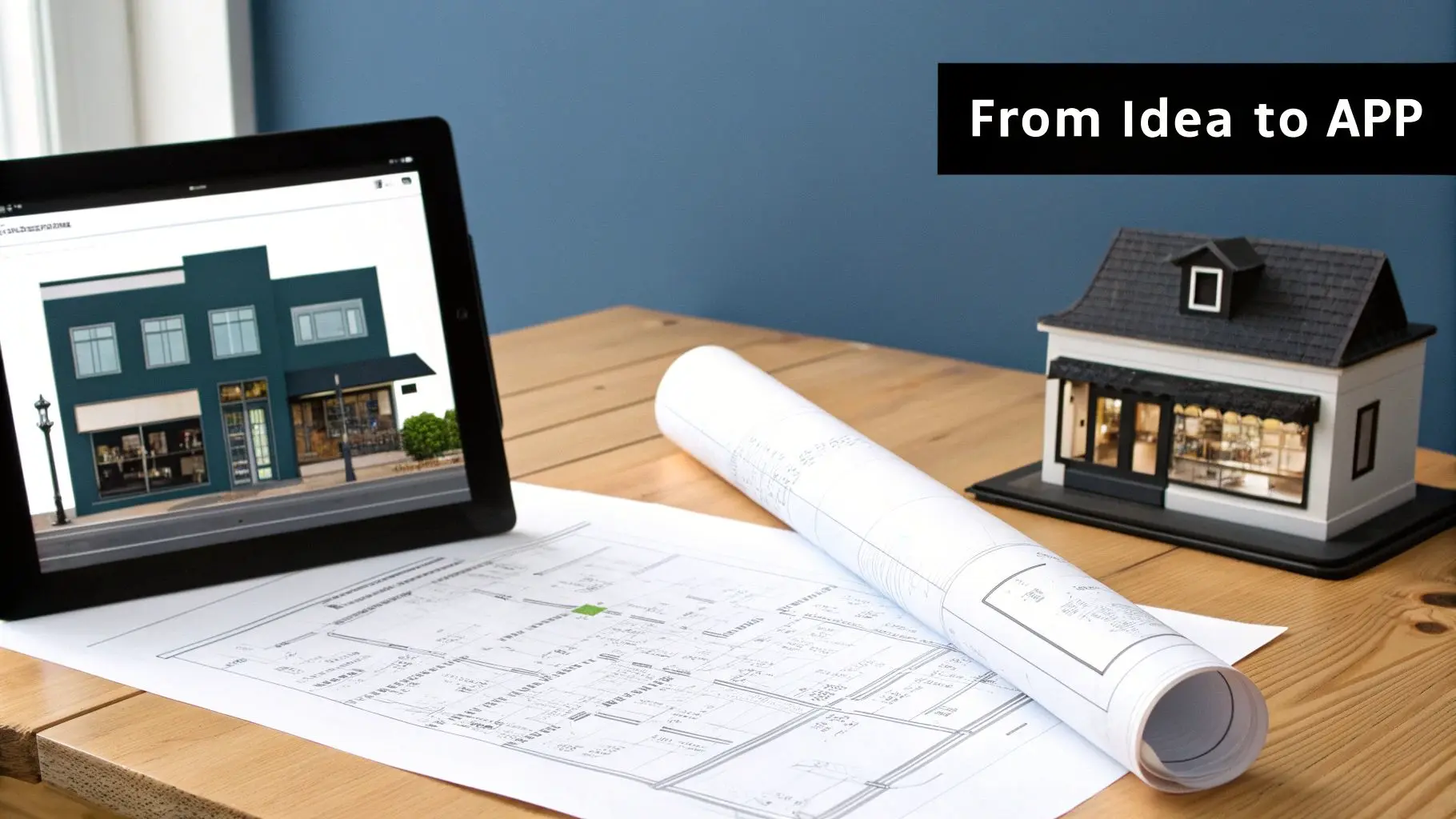 A team of app developers collaborating on a user interface design on a large screen.