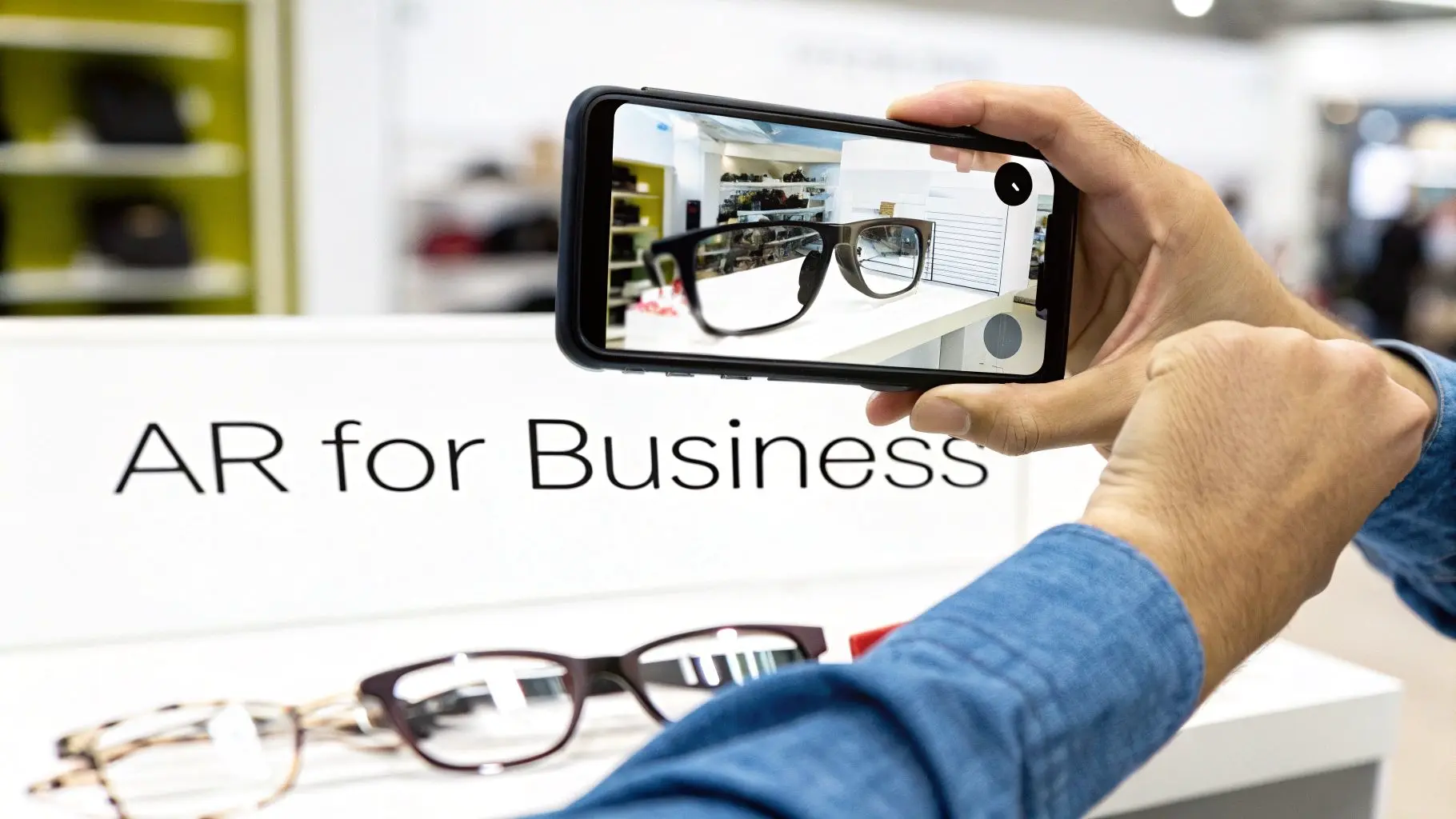 Hands hold a smartphone showing virtual glasses via AR