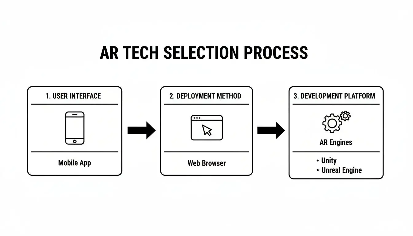 AR tech selection process flowchart, covering user interface, deployment method, and development platform choices.
