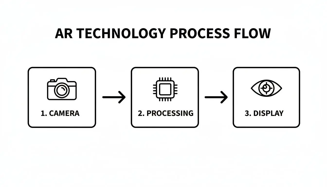 Flowchart illustrating the Augmented Reality (AR) technology process: Camera, Processing, and Display steps.