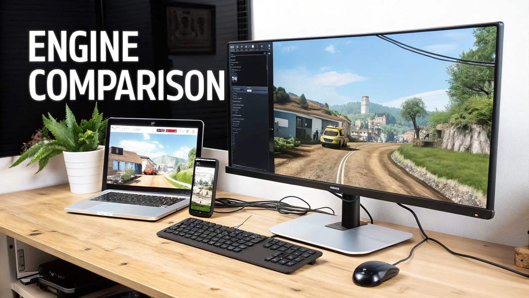 A tech workspace with a laptop, smartphone, large monitor displaying a game, keyboard, mouse, and a plant.