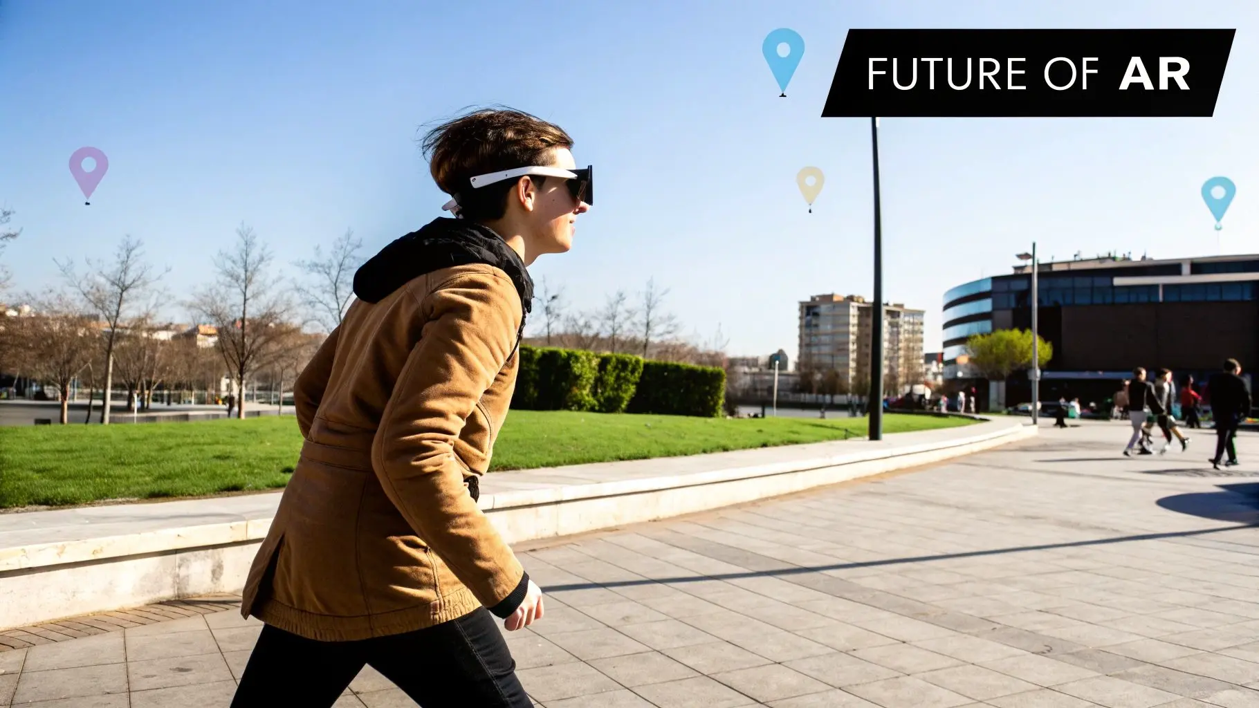 A futuristic cityscape with glowing augmented reality interfaces and data streams flowing between buildings, representing the interconnected digital layer of the AR Cloud.