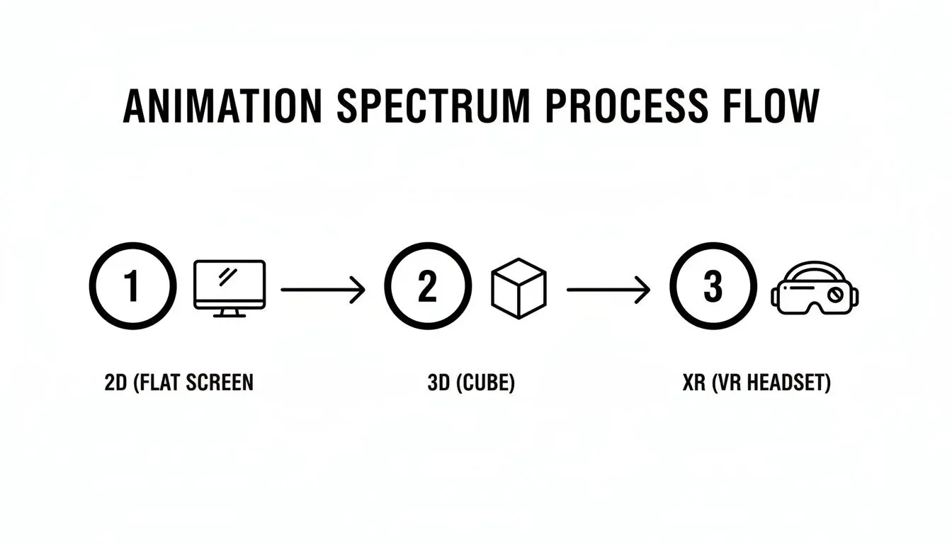 An animation spectrum process flow showing progression from 2D flat screens to 3D cubes and XR VR headsets.