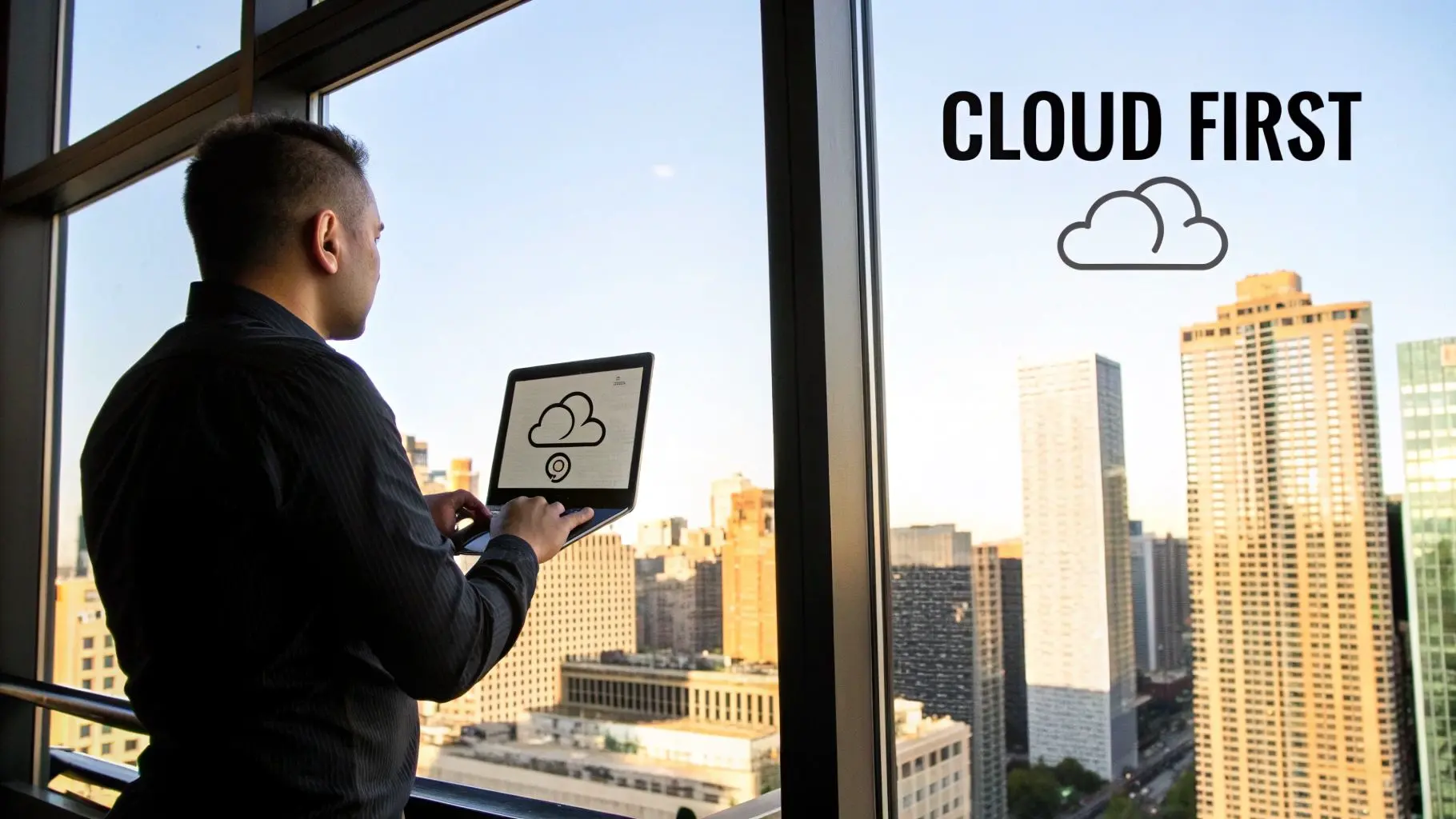 A developer working on a laptop with abstract cloud network graphics floating around them.