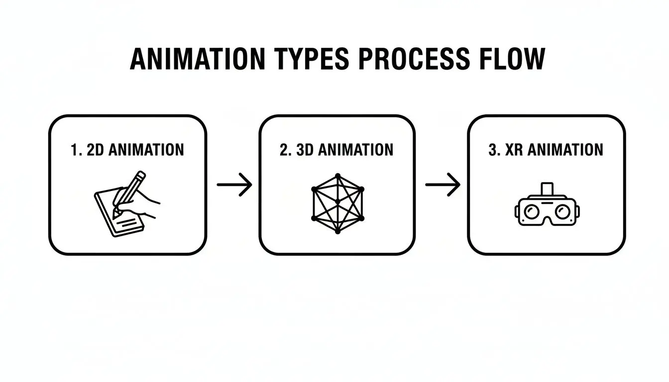 Visual guide to animation types process flow, including 2D (drawing), 3D (geometric), and XR (VR headset) animation stages.
