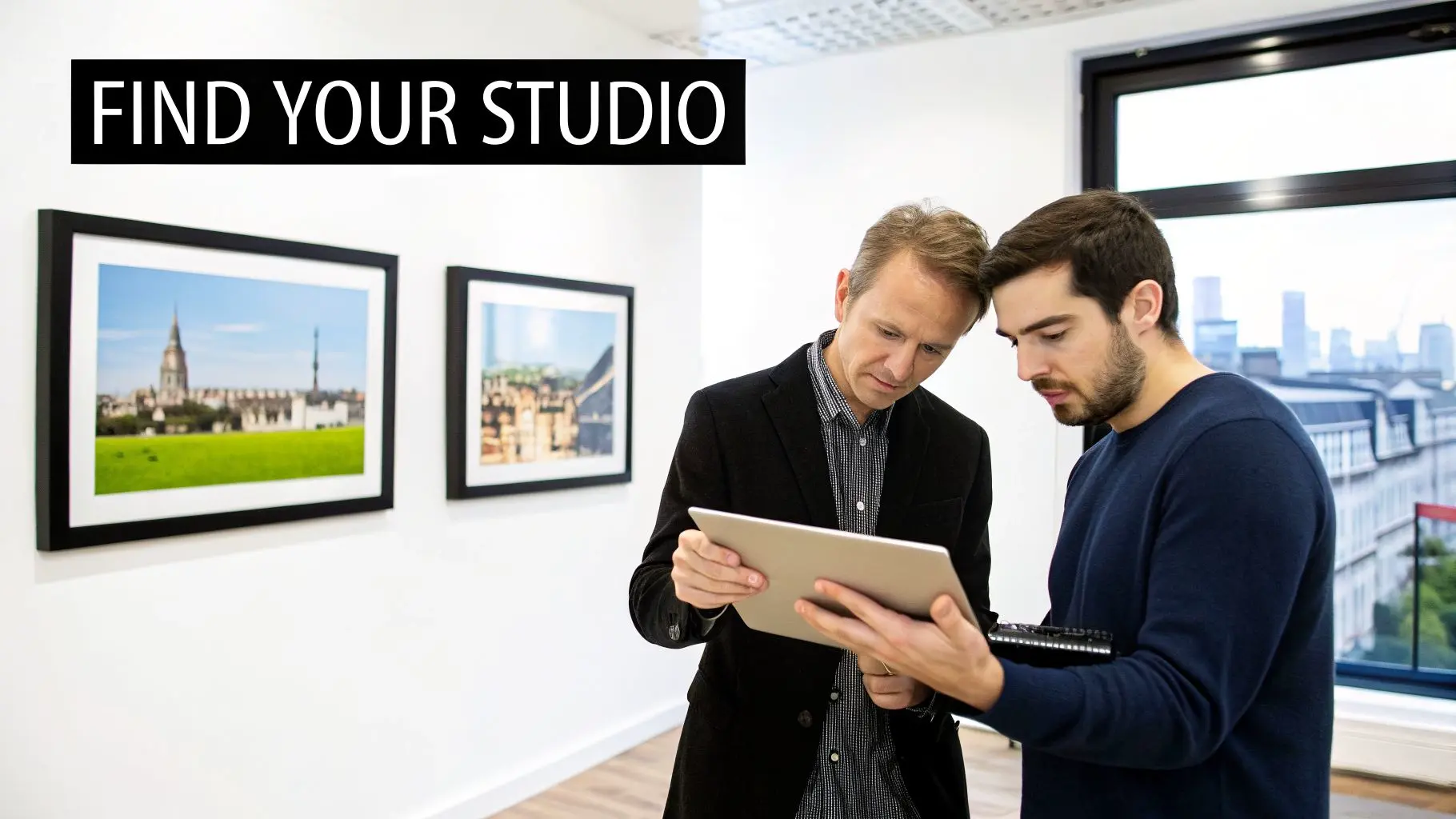 Two men collaborate, looking at a tablet in a bright modern office with city views and art.