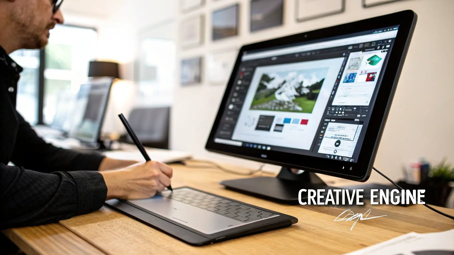 A person uses a digital pen on a creative tablet, working on a large monitor displaying design software.