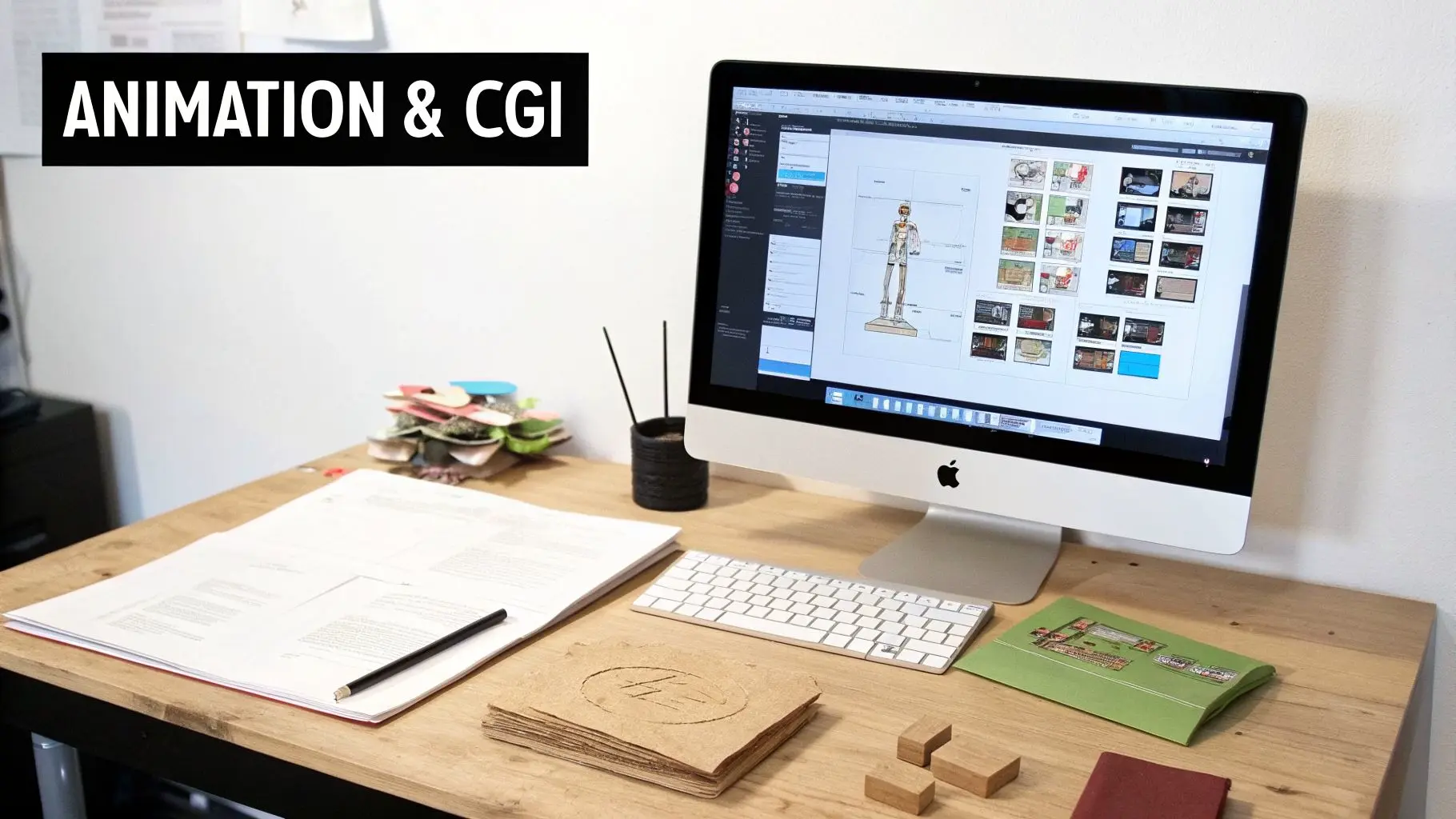A modern desk with an iMac displaying animation software, documents, and creative tools, with 'ANIMATION & CGI' text.
