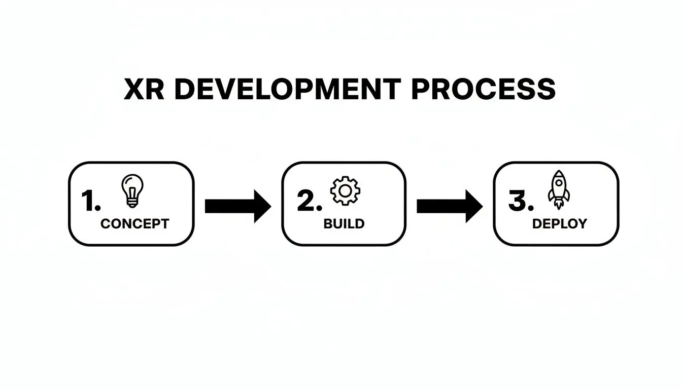 A clear diagram showing the three steps of the XR development process: Concept, Build, Deploy.