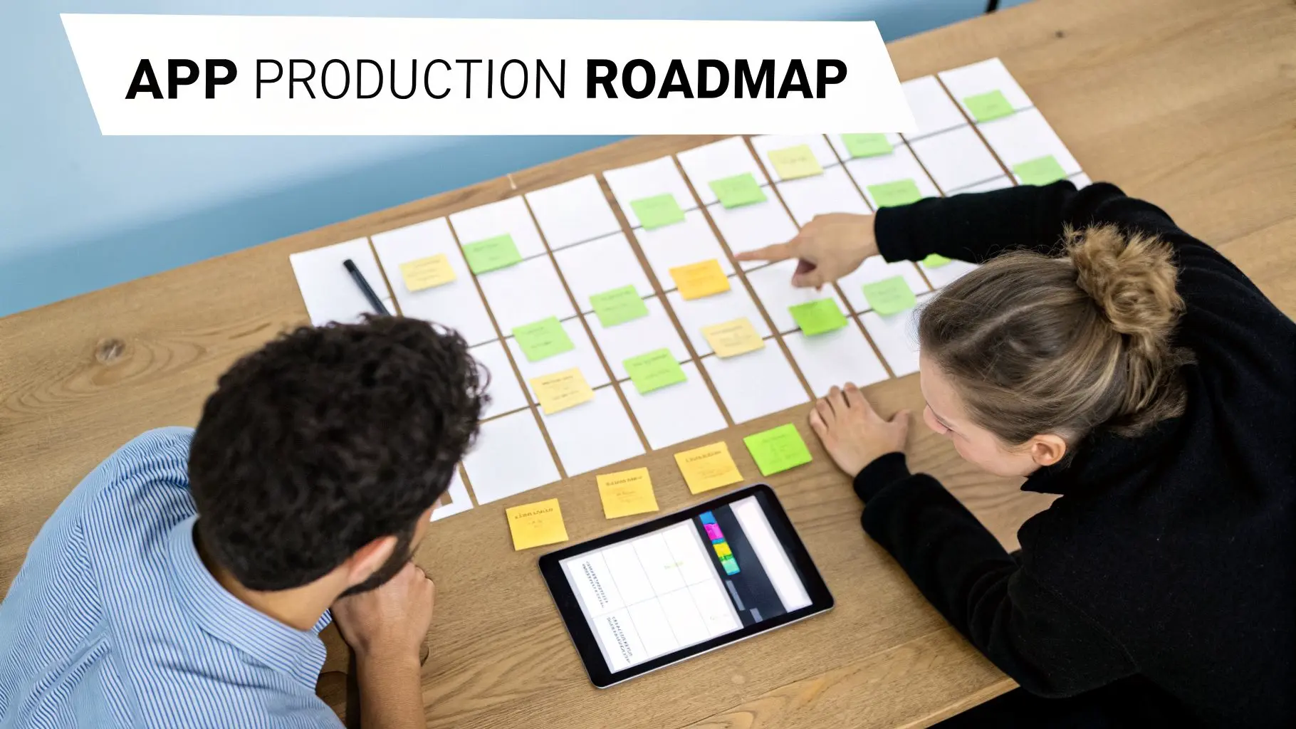 Two colleagues planning an app development roadmap using sticky notes and a digital tablet.