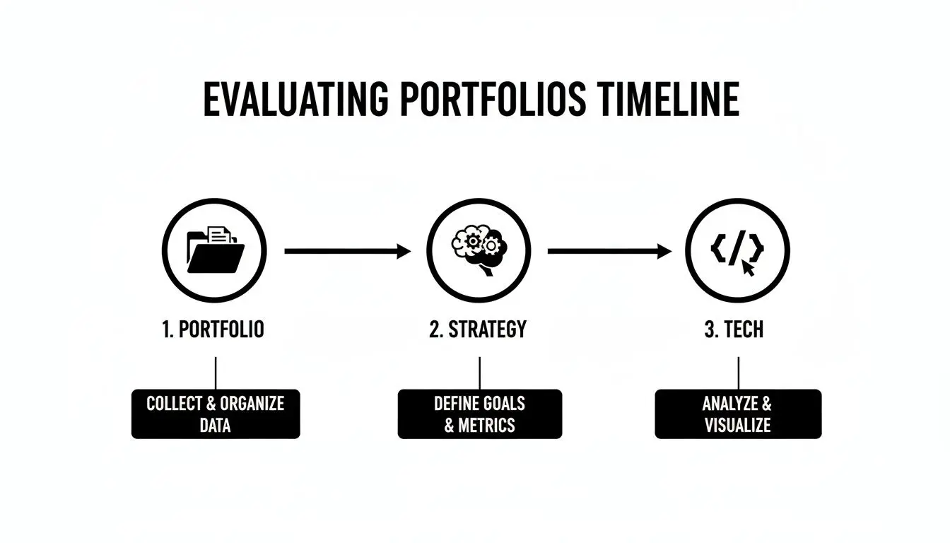 Timeline illustrating three steps for evaluating portfolios: Portfolio, Strategy, and Tech, with key actions.